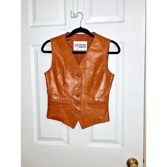 Vintage SHEEP MATES Cognac Leather Fitted Lined Vest Five Button Sz 8 - Picture 2 of 10
